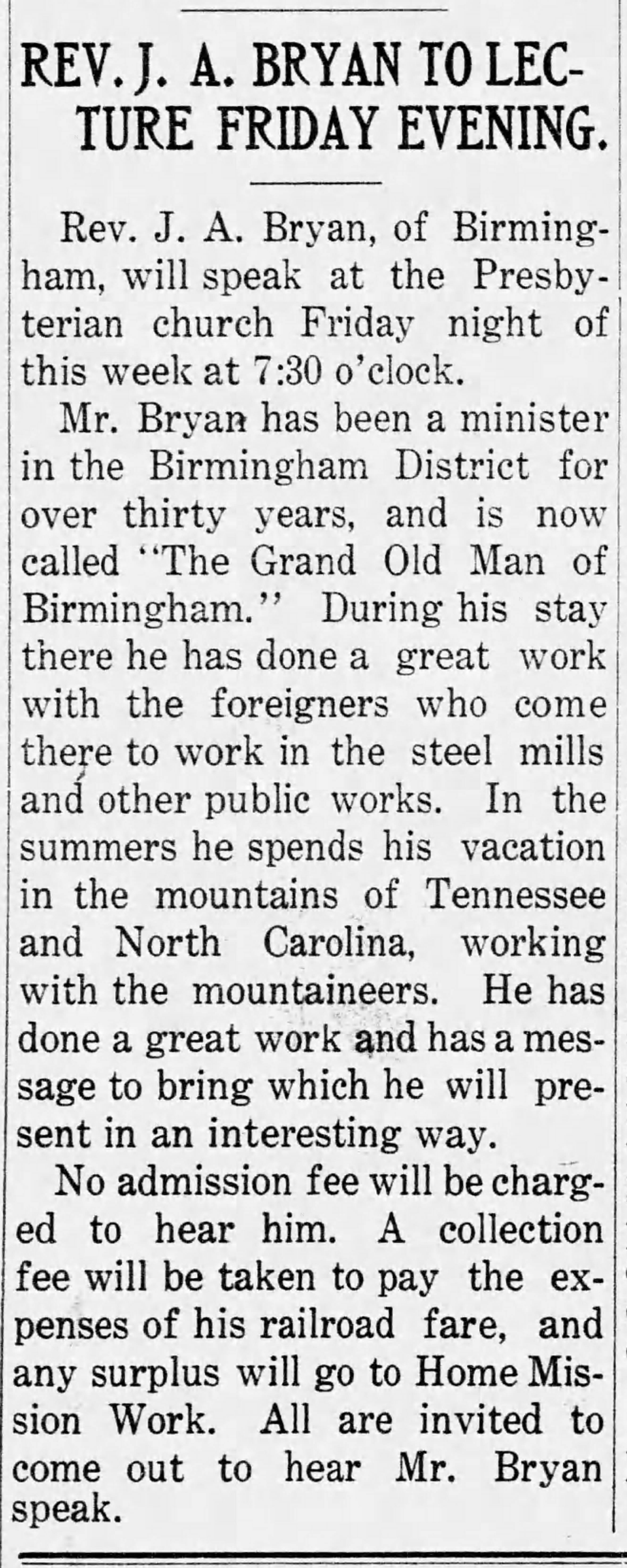 Dr. J.A. Bryan To Lecture Friday Evening